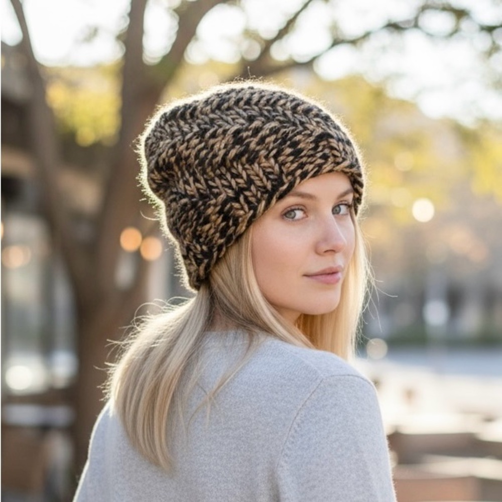 Beanie Hat Hand Crafted Black Gold Knit Faux Cable Knit Cozy R